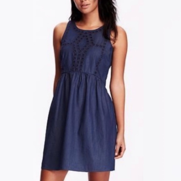 Old Navy Dark Blue Wash Chambray Cutout Dress Size XXL Denim Zipper Shift Boho - Picture 13 of 15